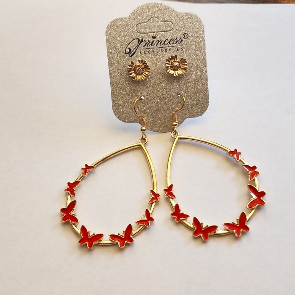 3 for $18 Gold w/ Red Butterflies Teardrop Earrings Set NWT